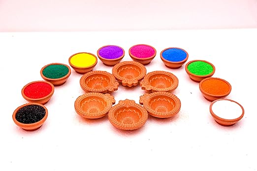 Mahakal Handmade Clay Diya Round Notch Shape (Set of 06 Pcs) | with Rangoli Color (Pack of 10) | for Diwali Decoration