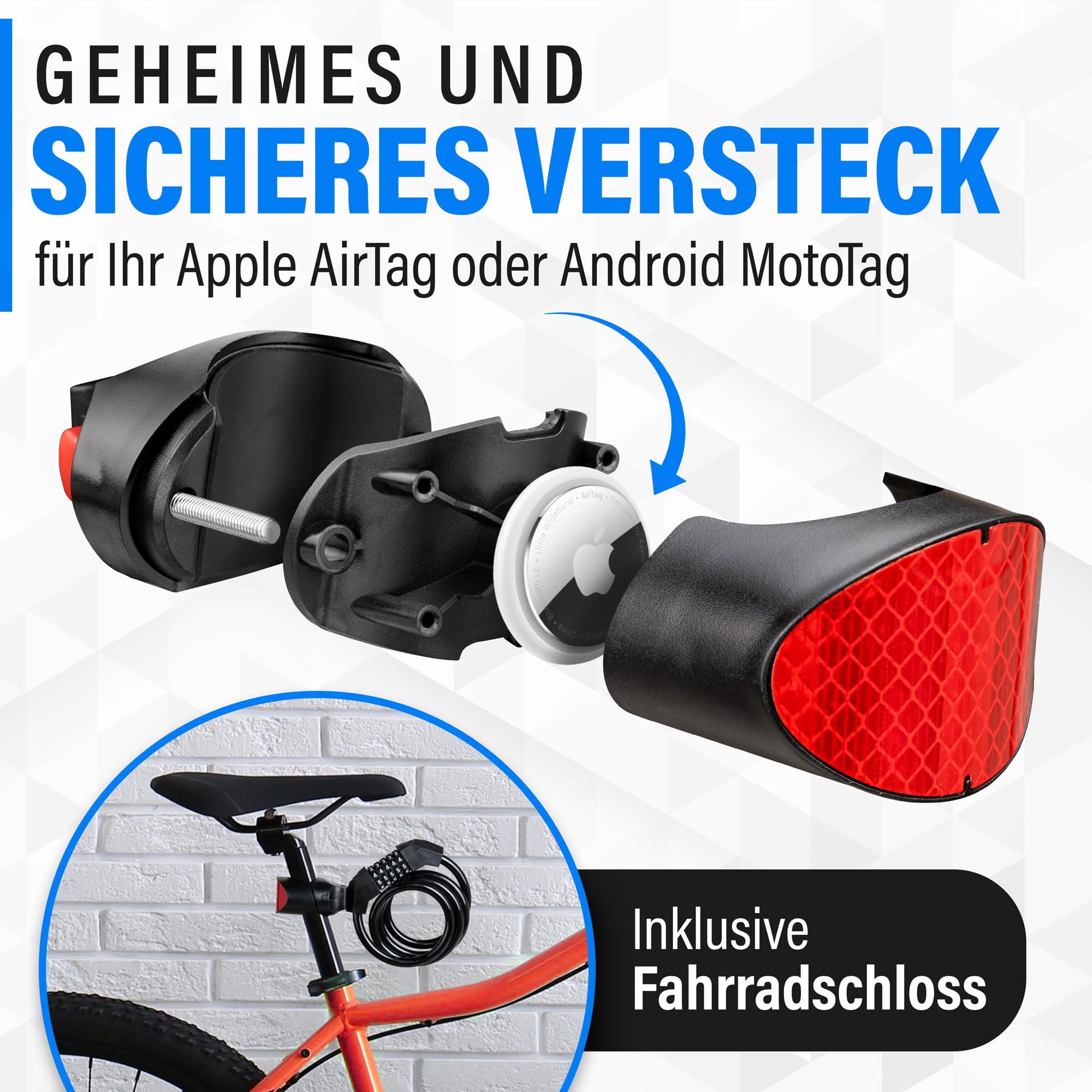 WebfoxTec® Zahlenschloss mit AirTag Versteck - Robustes Fahrradschloss mit Zahlencode & Halterung für GPS Tracker Fahrrad - Auch für Android Moto Tag - Zahlenschloss Fahrrad 2