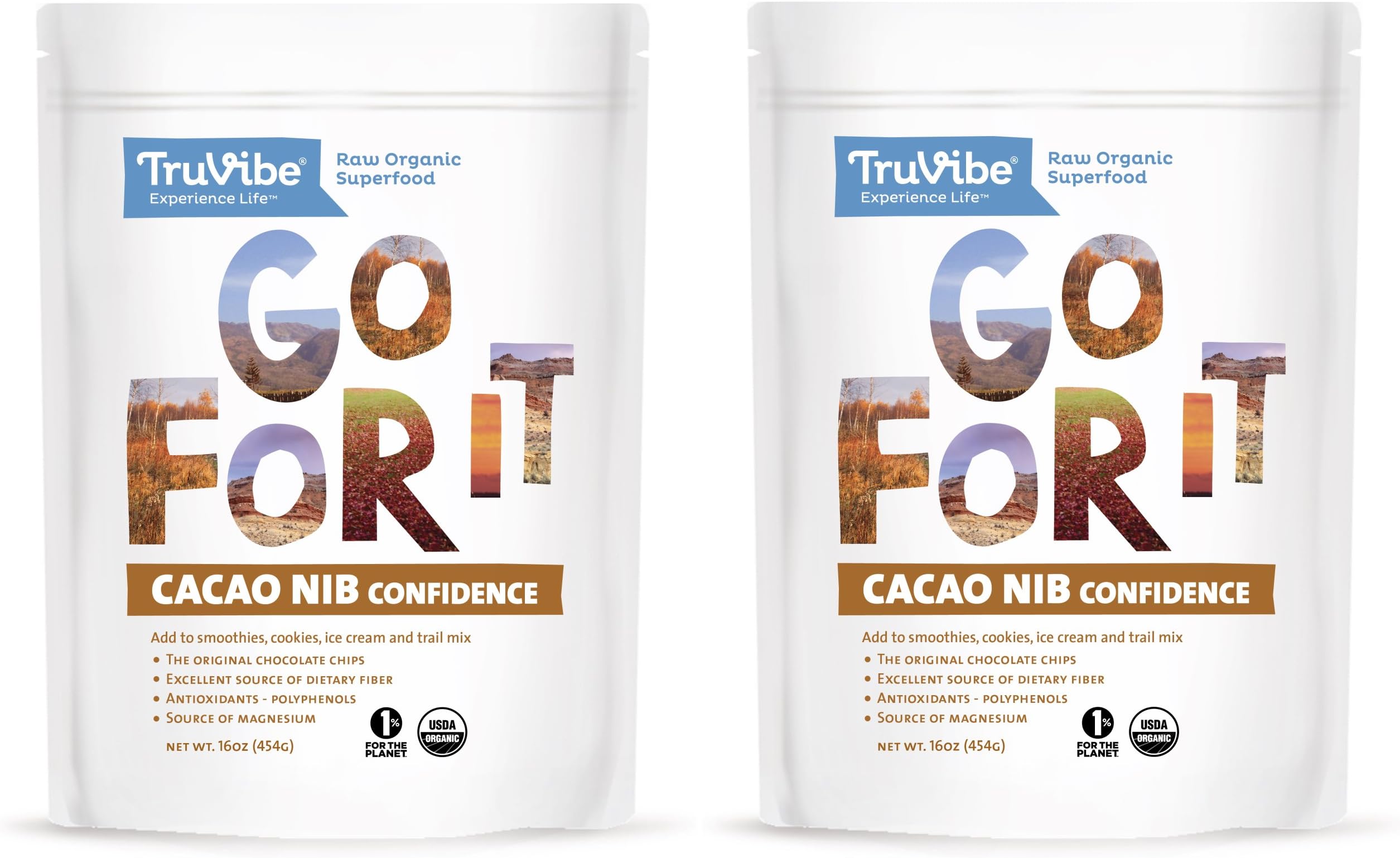 TruVibe 100% Organic Raw Cacao Nibs 2 lbs (2 - 16oz Packs)