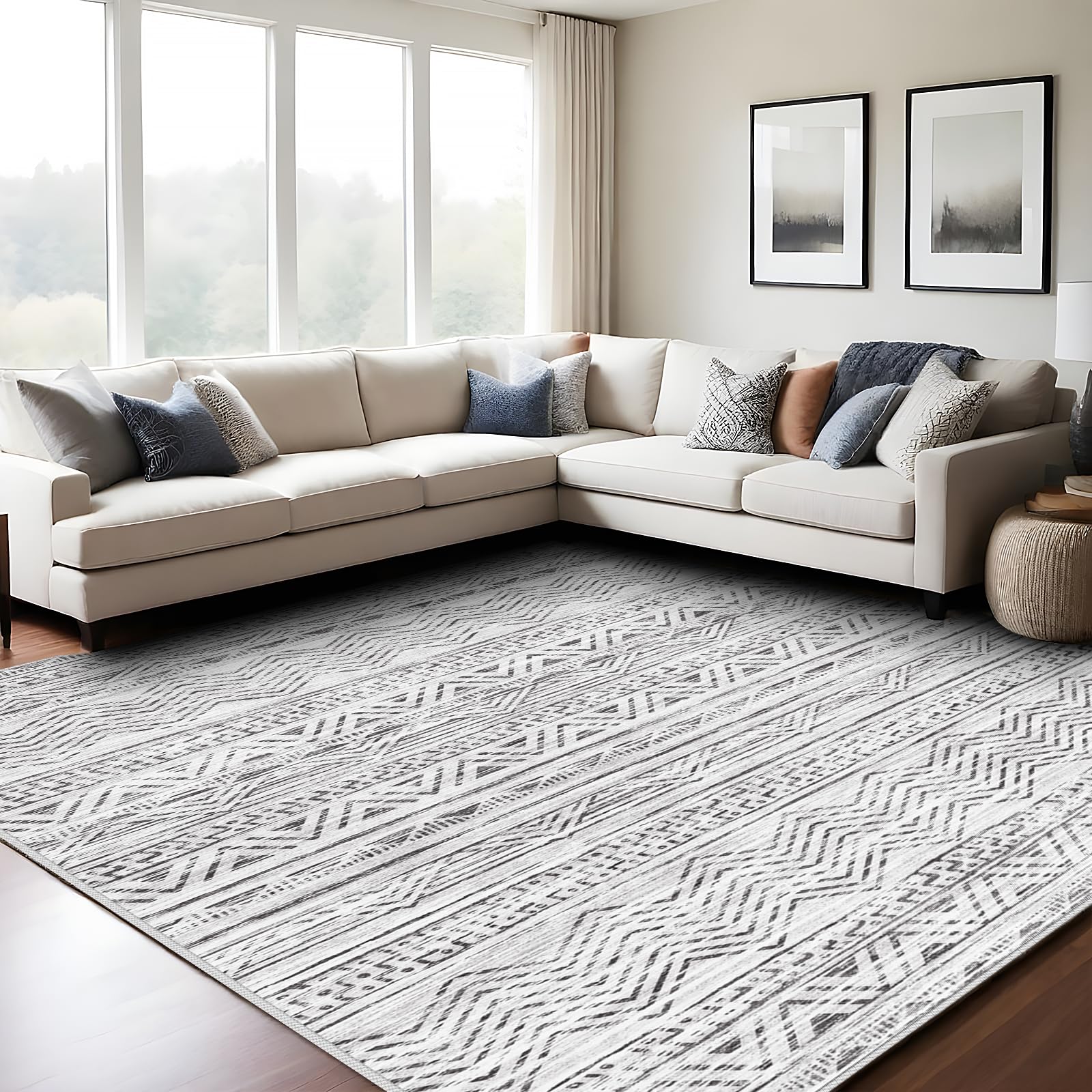 Large Moroccan Area Rug 9x12: Soft Modern Washable Farmhouse Rugs for Living Room Bedroom Machine Non-Slip Neutral Geometric Indoor Floor Carpet for Home Office