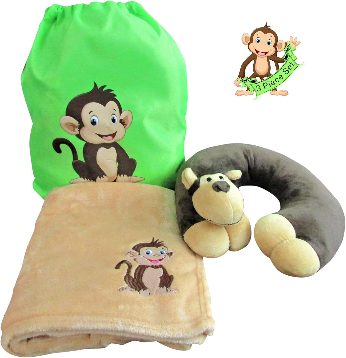 Amazon Com Life S Simple Answers Travel Pillow Blanket Set For Kids Plush Monkey Travel Neck Pillow Kids Size Travel Blanket And Matching Drawstring Backpack In This 3 Piece Travel Combo Set Kitchen
