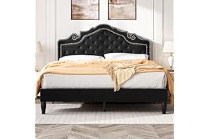 SHA CERLIN Queen Bed Frame with Adjustable Headboard/Velvet Upholstered/Diamond Button Tufted and Metal Studs/No Box Spring Needed/Wood Slat Support/Easy Assembly/Black