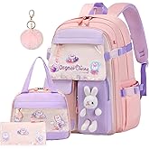 KBGPW 3pcs Girls Backpack With Lunch Box & Pencil Case,Cute Rabbit Kids School Backpack Set For Kindergarten & Elementary School (Style A Pink-16.5in)
