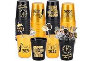 Ainibar 24 Pcs Happy New Year Party Cups 16oz Stadium Cups and 24 Pcs Happy New Year Party Disposable Drinking Paper Straws,Perfect for Happy New Year Eve Party Supplies 2025