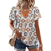 OFEEFAN Womens Summer Tops Boho Short Sleeve Shirts V Neck Fashion Lace Blouses Dressy Casual Flowy Holiday Outfits