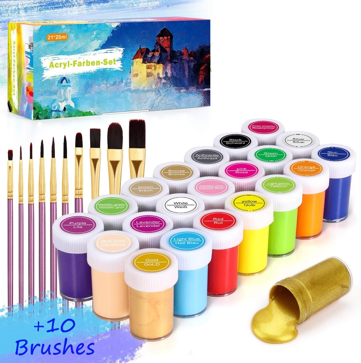 Acrylic Paints Set, Gifort 21 Vivid Colours x 20ml with 10 Brushes for