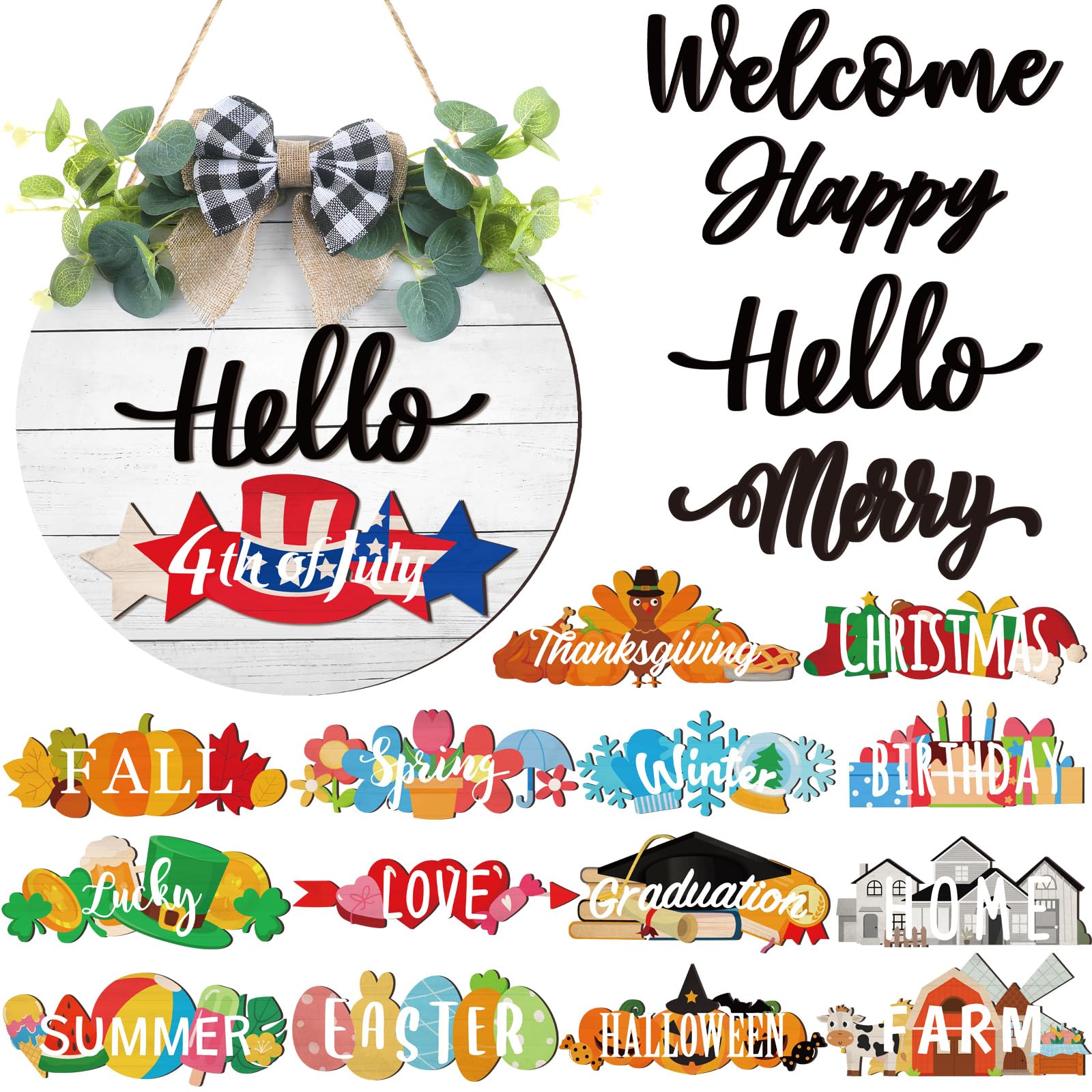 Photo 1 of Burbell 20 Pcs Interchangeable Welcome Sign for Front Door with 4 Sign and 14 Changeable Icons Farmhouse Front Porch Decor Rustic Wooden Door Decor Outdoor Seasonal Welcome Decorations(White)