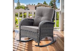 Artfurniz Patio Rocking Chair: Outdoor Wicker Rocker Porch Rocking Chair with Removable Cushion, 300 Lb Weight Capacity Rattan Rocking Seating for Balcony Garden Brown/Grey