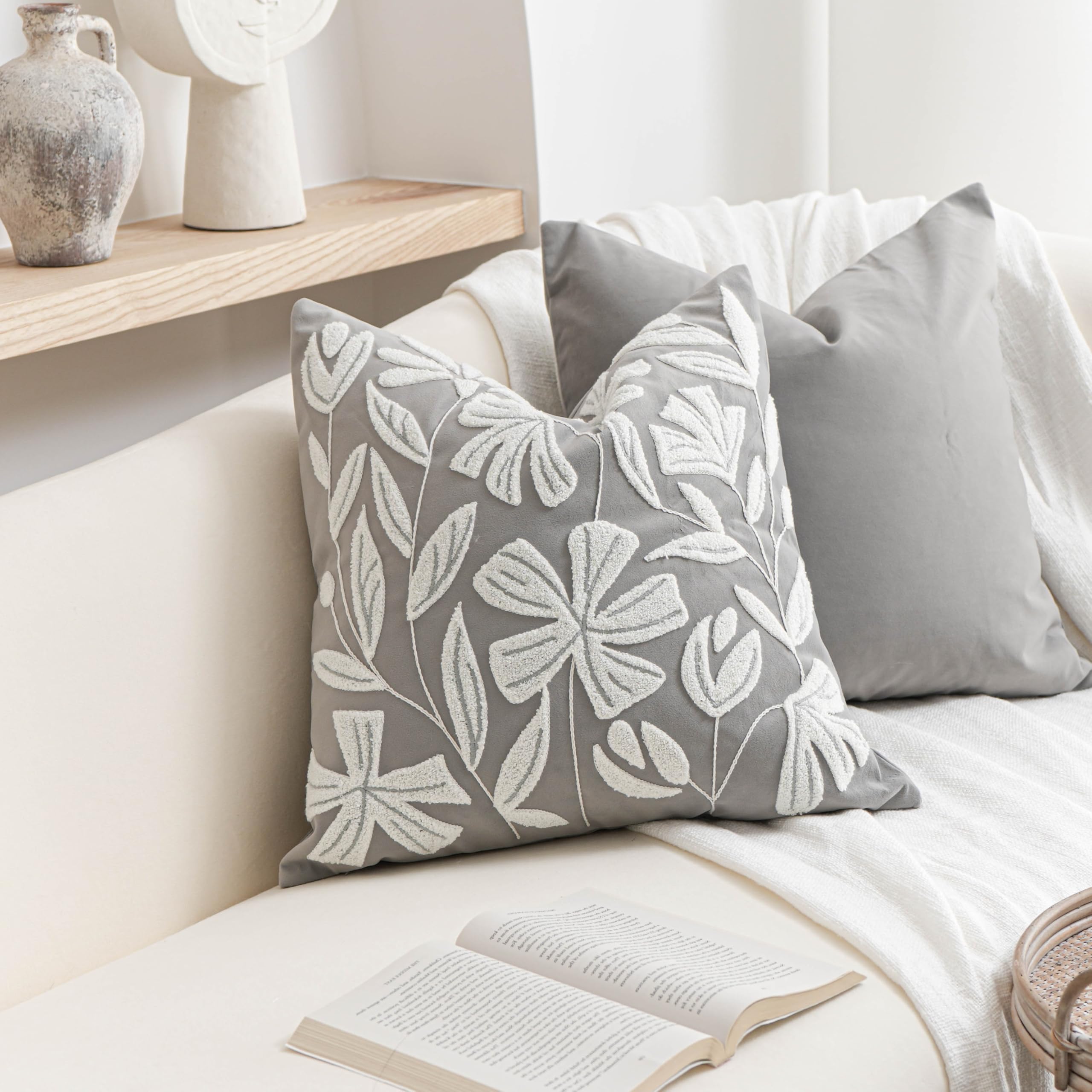 BlissBlush 20x20 Throw Pillow Cover, Square Light Gray Decorative Cushion Cover for Couch Sofa, Embroidered Velvet Farmhouse Accent Pillowcase (Cover Only)