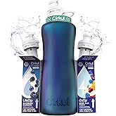 Cirkul 32oz. Chameleon Stainless Steel Water Bottle Starter Kit with Green Lid, 2 Flavor Cartridges (1 LifeSip Blackberry Blueberry, 1 GoSip Berry Blue Punch) No Sugar, Zero Calorie Drink Mix