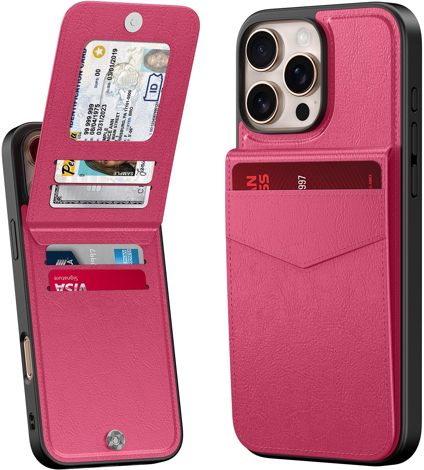 Photo 1 of Bemal for iPhone 16 Pro Wallet Case, Built-in Card Holder, RFID Blocking, PU Leather Kickstand, Magnetic Closure, Durable Shockproof Phone Cover for Women and Men, Hot Pink