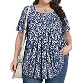 PEVRL Plus Size Tops for Women Summer 2026 Short Sleeve Shirts Tunics Square Neck Casual Loose Blouses 1X-5X