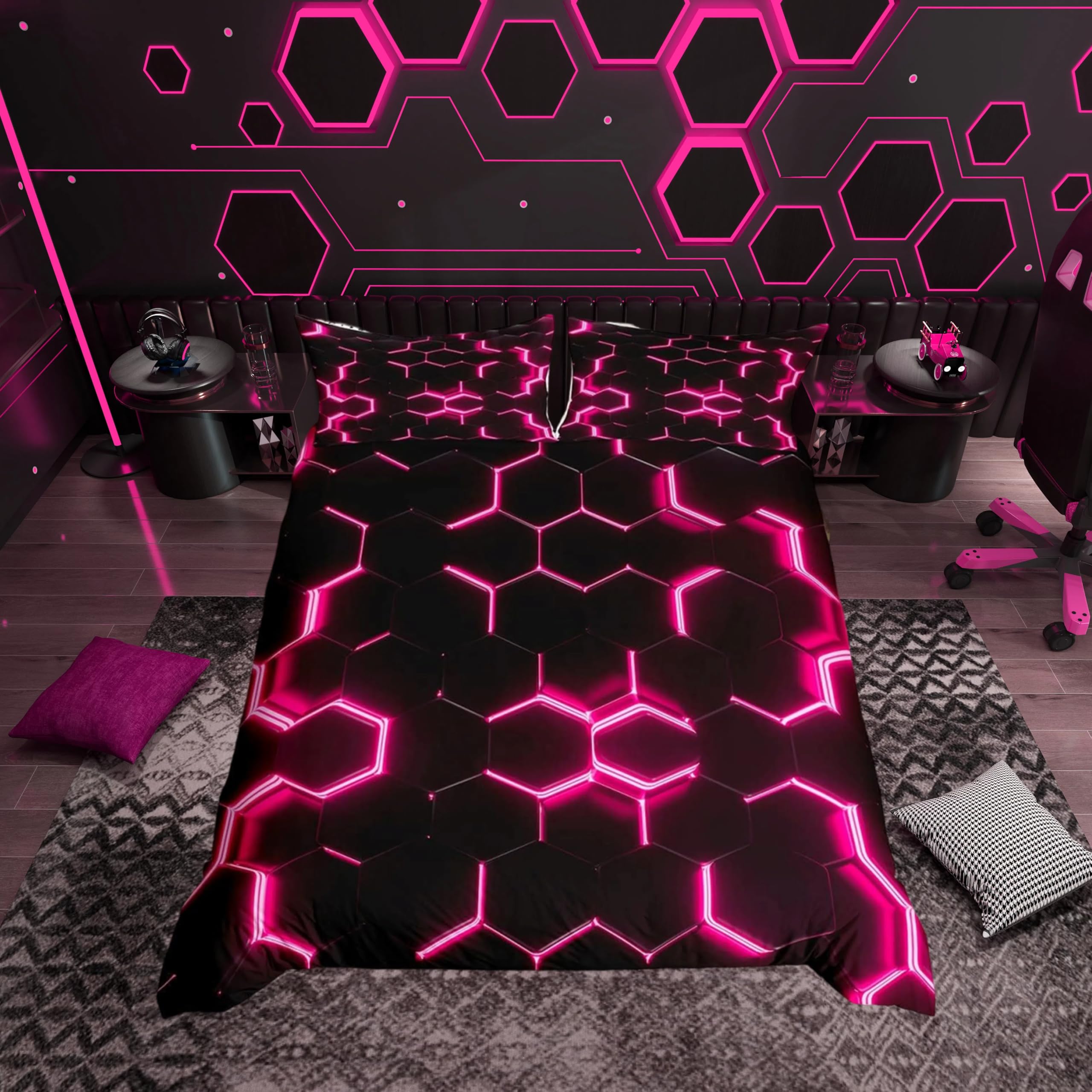Pink and Black Print Duvet Cover Hexagonal Bedding Set Kids Boys Teens Honeycomb Decor Comforter Cover Beehive Simplistic Geometric Bedspread Cover Bedroom Collection 3Pcs King Size — image 1