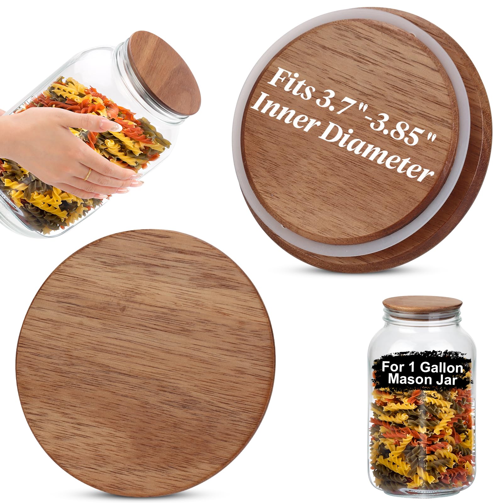 Photo 1 of 2 PCS 1 Gallon Mason Jar Lids Wooden Fits 3.7 Inch Inner Dia Replacement Mason Jar Lids Ball Glass Jar Lids Wooden Lid with Silicone Seal Canning Jars Lids Only for 1 Gallon Jars (2, Natural Acacia)