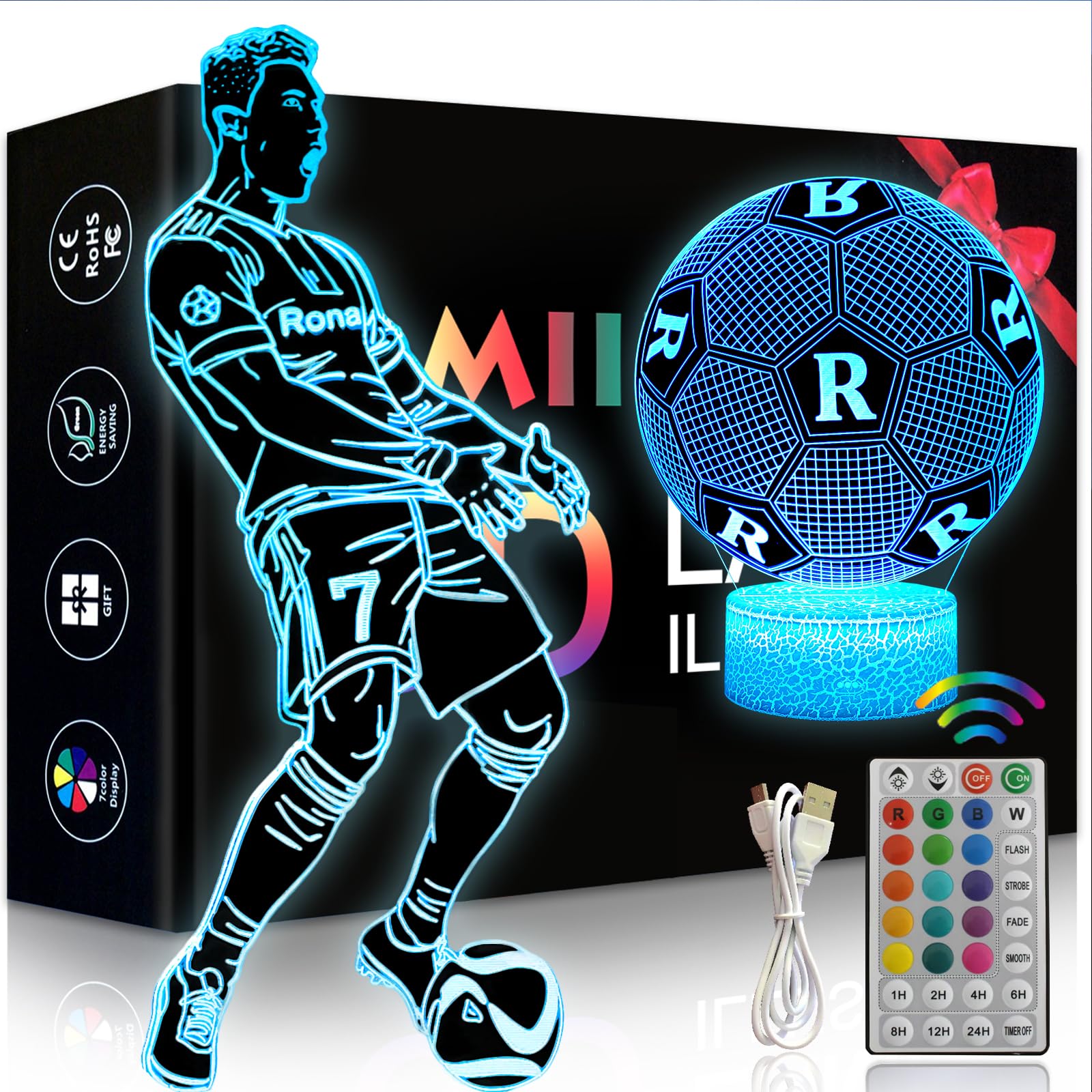 2 Patterns Ronaldo Night Light Set, 16 Colors 3D LED Illusion Lamp With Remote Control and Smart Touch, Champions League Football Gift for Boys, Fans and Kids