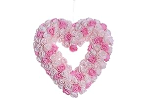 JINGHONG Valentine’s Day Wreath,13 Inch Artificial Heart-Shaped Wreath Romantic Rose Wreaths for Front Door for Valentine’s Day Gifts Anniversary Wedding Candlelight Dinner Decor(Pink)