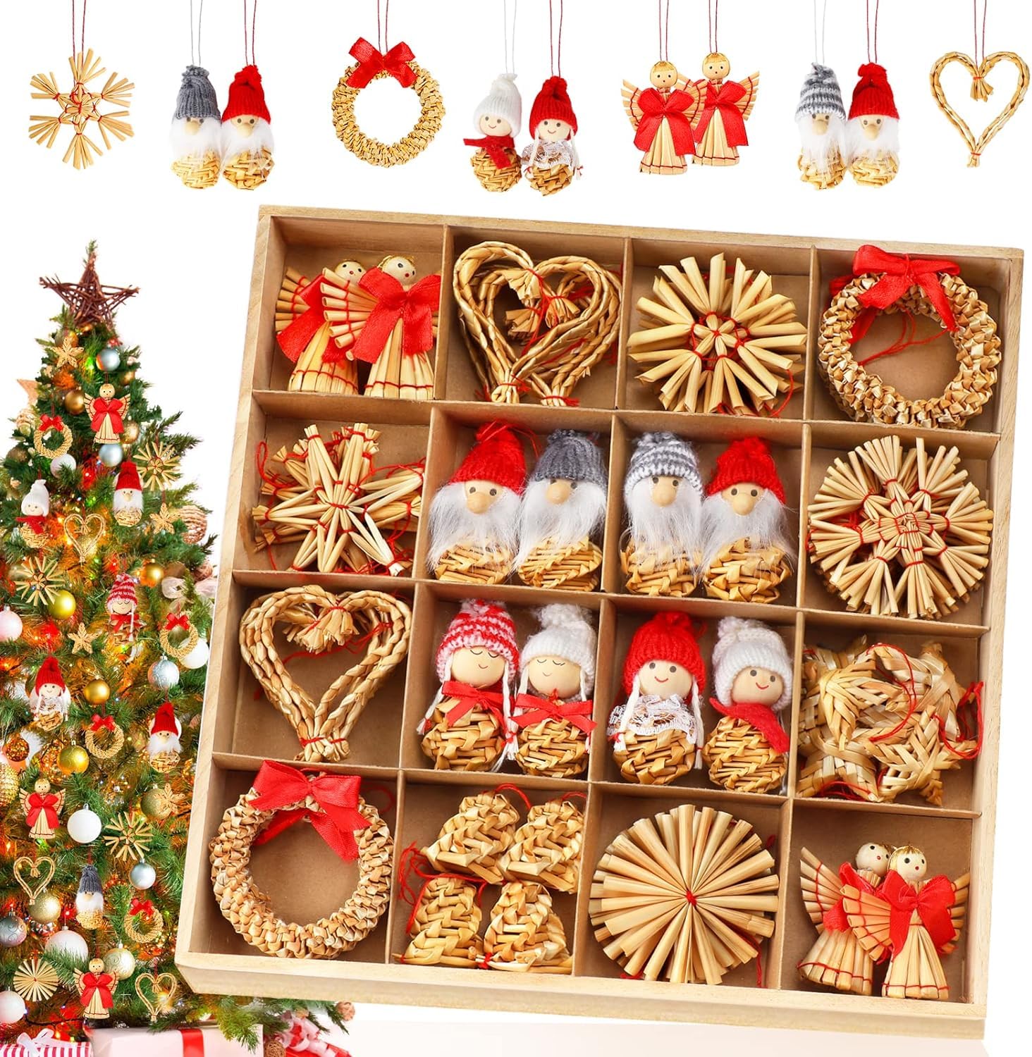 Christmas Tree Ornaments, Set of 52, Christmas Ornaments, Straw, Snowflowers, Tur, Christmas Gift, Ornament, Garland, String Included, Christmas Present, Wooden Box (Set of 52)