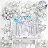 Disco Party Decorations, Iridescent Happy Birthday Star Hanging Banner Cake Topper, Disco Ball Heart Foil Balloons Silver White Confetti Balloon Fringe Curtain for Groovy Birthday Party Decoration