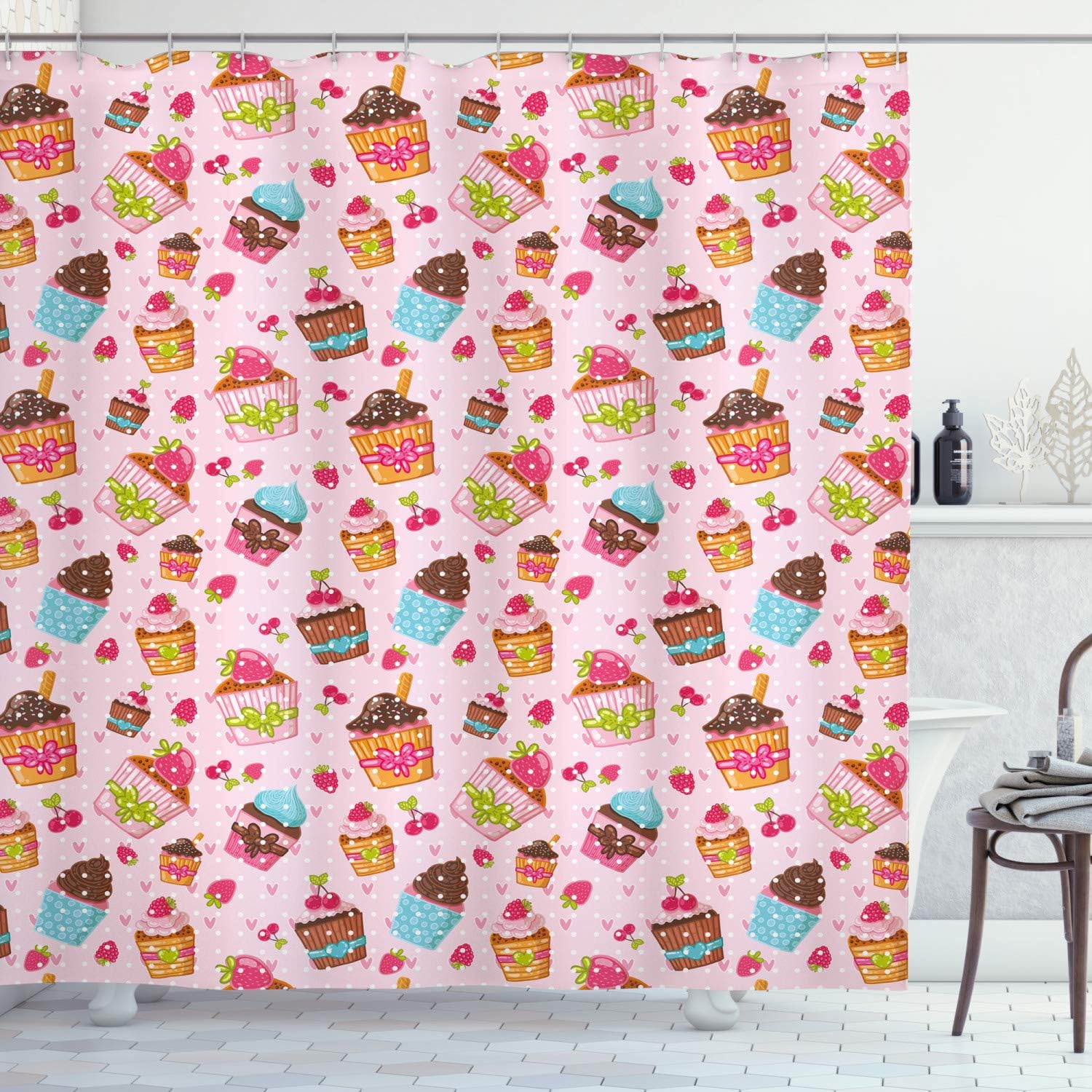 ABAKUHAUS Pink Shower Curtain, Kitchen Cupcakes Muffins Strawberries and Cherries Food Eating Sweets Print, Cloth Fabric Bathroom Decor Set with Hooks, 78 Inches, Pale Pink and Brown