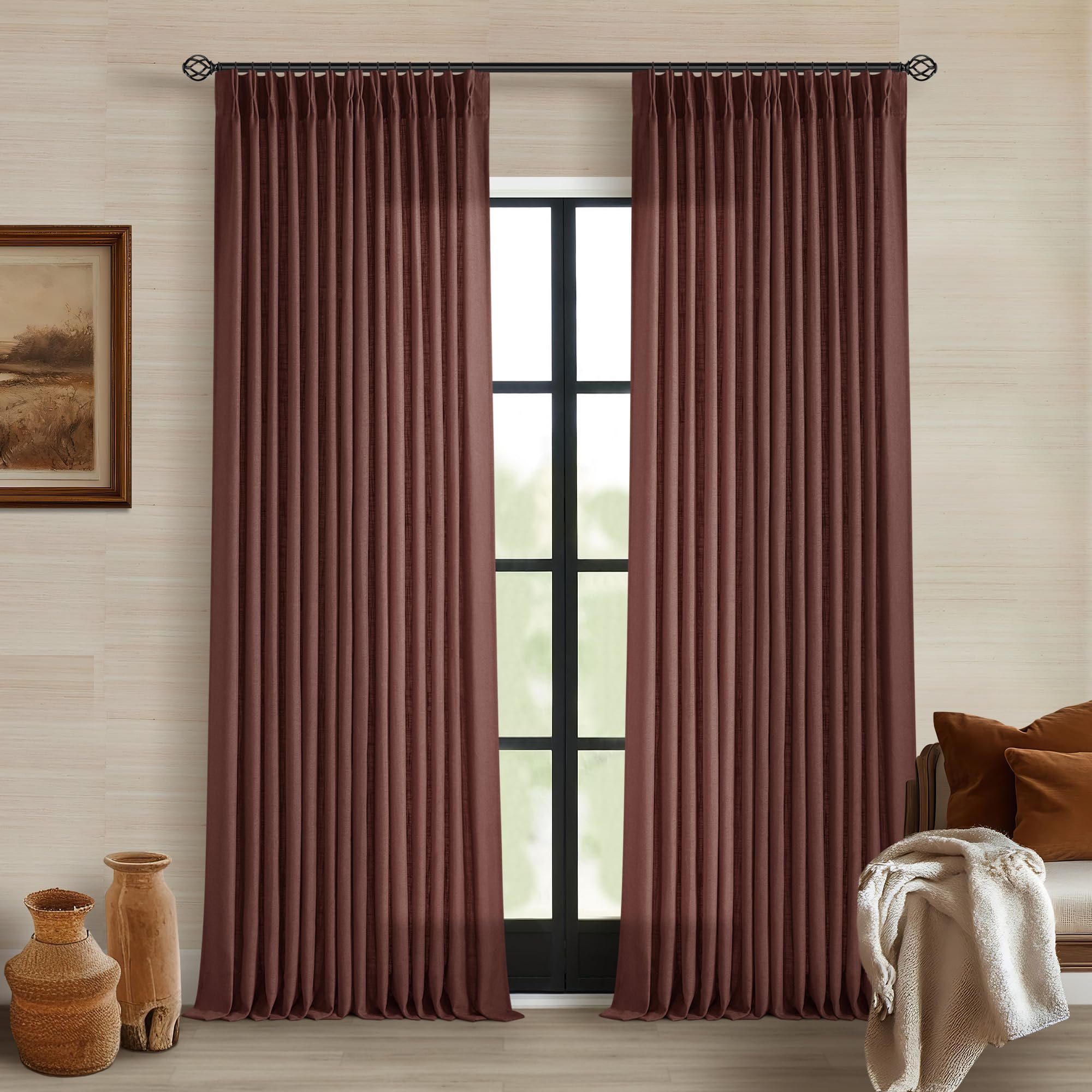 Photo 1 of (90" L) Brick Brown Pinch Pleated Linen Curtains 90 Inches Long for Living Room Bedroom 2 Panels Light Filtering Pinch Pleat Hooks Rings Back Tab Red Chestnut Country Farmhouse 90 Inch Window Curtain Drapes