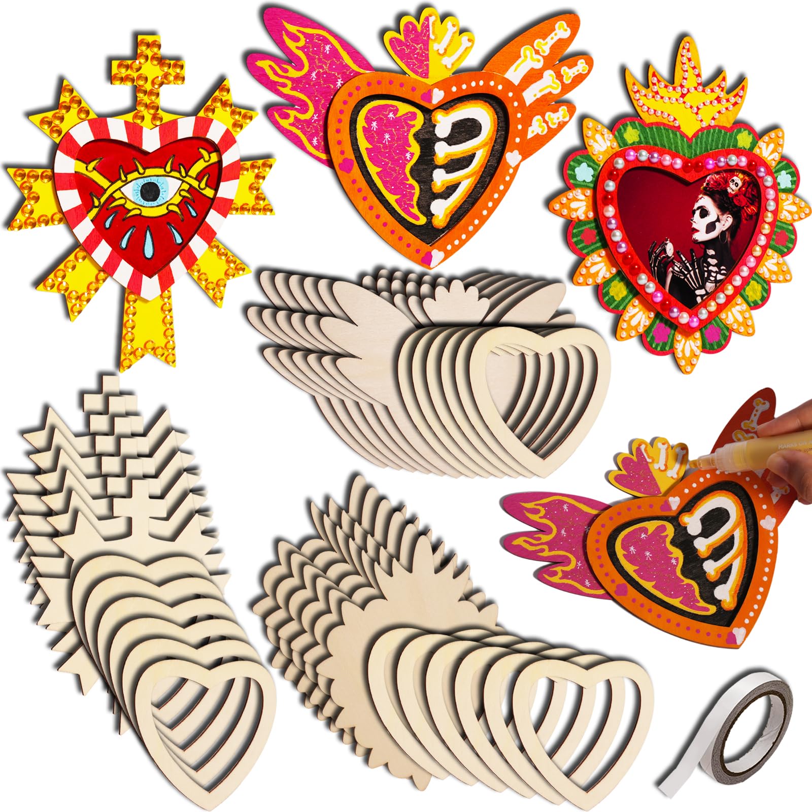 Photo 1 of 18 Sets Sacred Heart Frame Unfinished Wooden Sagrado Corazon DIY Blank Mexican Milagros Dia De Los Muertos for Home Decor