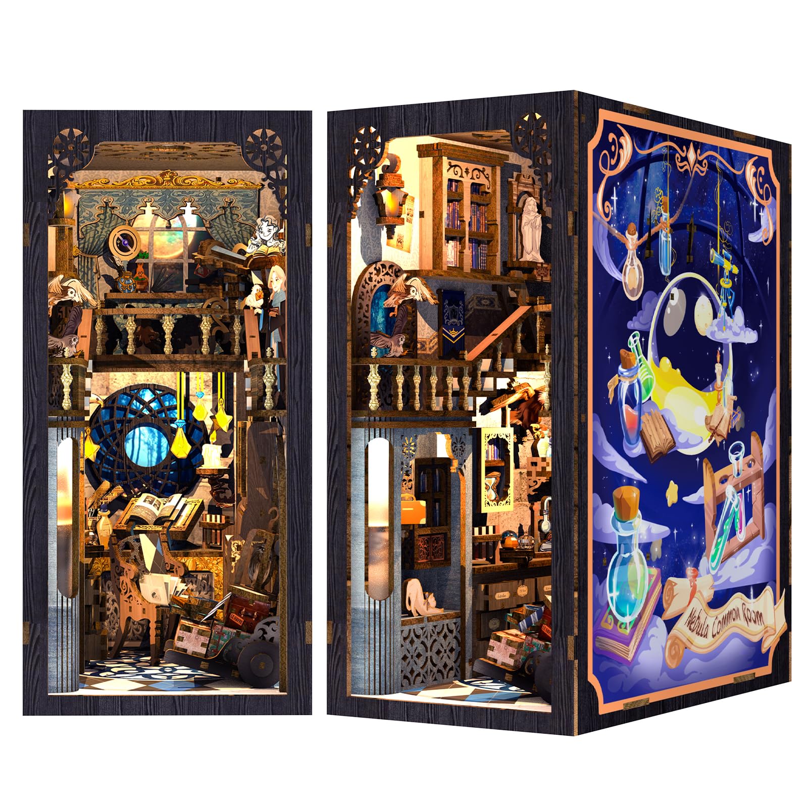 Fsolis Book Nook Diy Miniature House Kit 3D Wooden Puzzles Bookshelf Decor Dolls House Model Kits Book Gifts (Nebula Common Room)