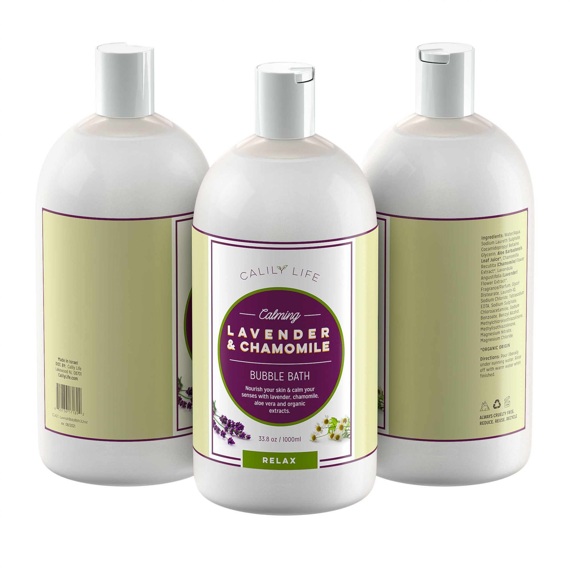 Calily Life Organic Aromatherapy Lavender and Chamomile Bubble Bath, Soak and Wash, 33. 8 Oz. – Relaxes, Soothes and Nourishes - With Pure Essential Oils; Lavender, Chamomile & Aloe Vera [ENHANCED]