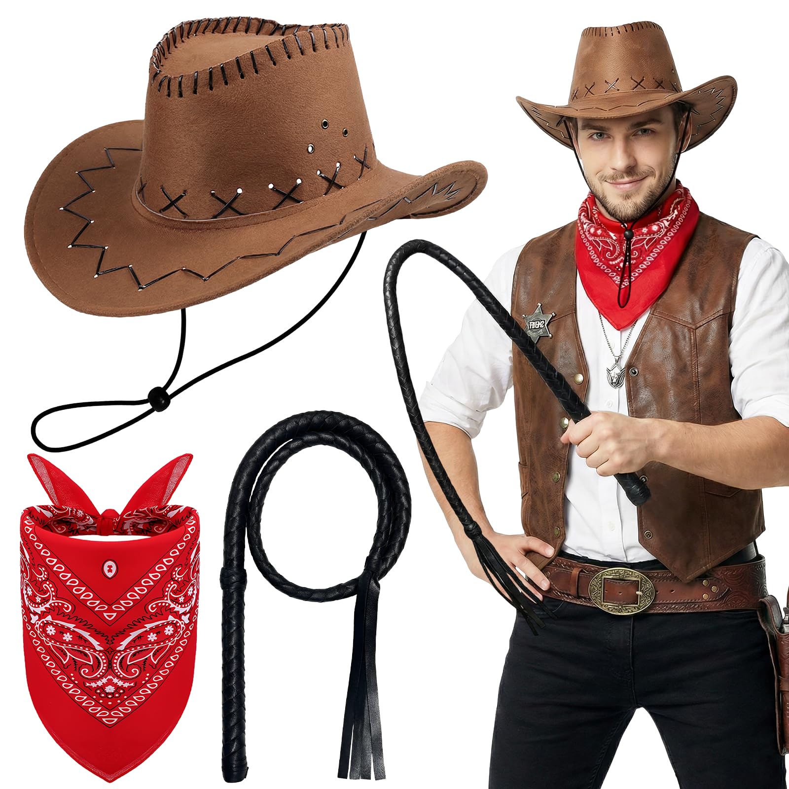 Kyndara 3Pcs Western Cowboy Hat Set, Wilde West Brim Hat with Paisley Bandana Whip Cowboy Fancy Dress for Adult Masquerade Country Music Festivals Theme Party Cosplay