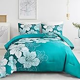 Menghomeus Queen Comforter Set Gradient Teal Bedding Floral Comforter Sets - Soft Microfiber Bed Comforter Set for All Season, 3 Piece Botanical Flowers Comforter, Pillowcases