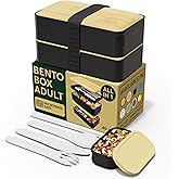 Umami Bento Box Adult All-In-1 w/4 Utensils, Big Sauce Jar, 2 Dividers, 100% Leakproof, Microwave & Dishwasher Safe Stackable Bento Lunch Box Containers for Men/Women, Black & Bamboo, 40 oz