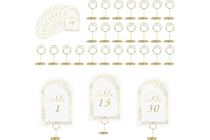 JOYIT 30 Sets Wedding Table Number 1-30 with 30 Pcs Round Table Number Holders, White Gold Table Number Cards with Place Card Holders, 4" x 6" Table Numbers for Wedding Reception and Birthday