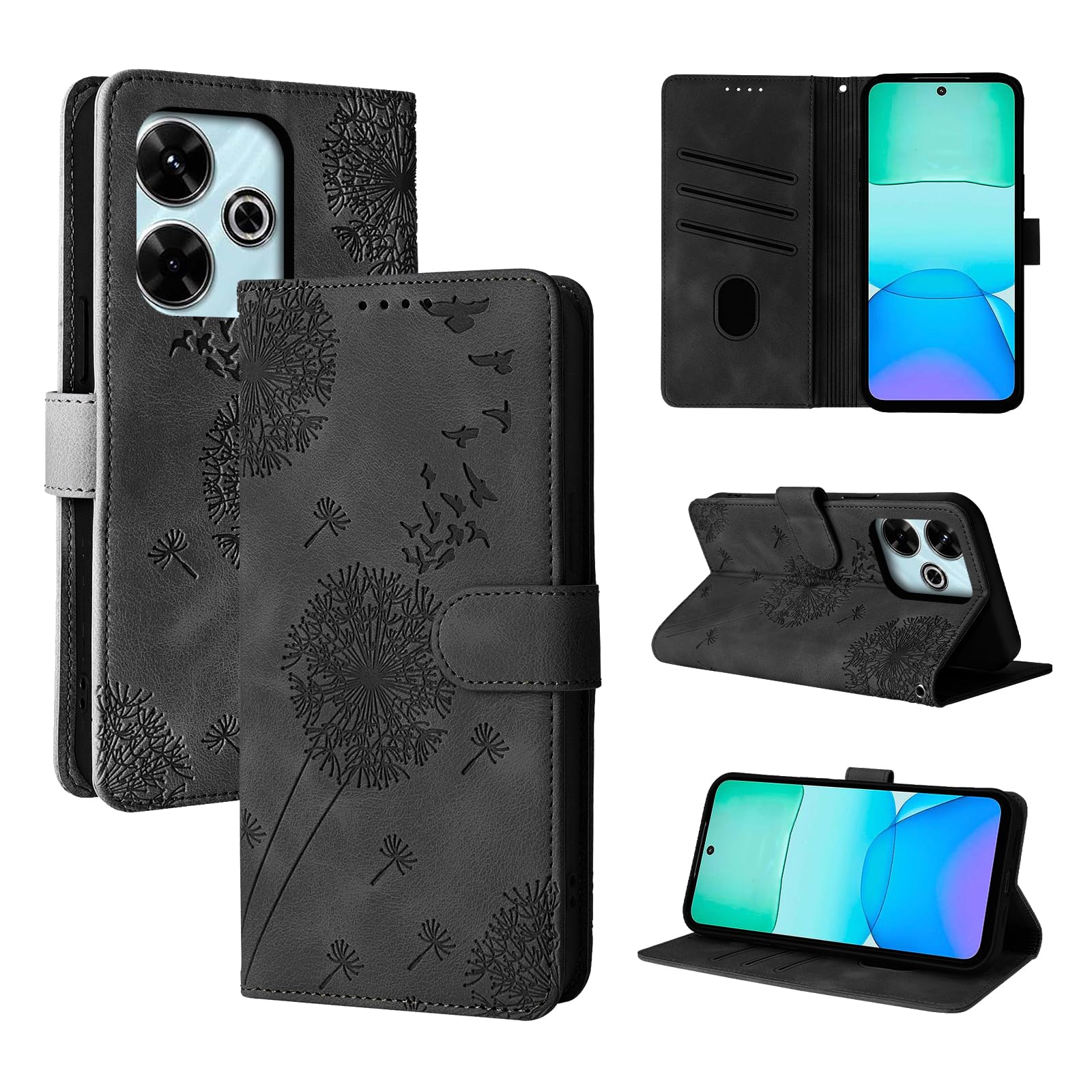 Rostsant Case for Xiaomi Redmi 13 4G Dandelion Cover Premium PU Leather Flip Phone Case Wallet Card Slots Protective Cover for Xiaomi Redmi 13 4G Black