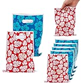 SAVITA 50pcs Hawaii Party Gift Bags, Cartoon Red Blue Treat Goodie Bags with Handle Floral and Leaf Print Snack Pouches for Boys Girls Kids Friends Birthday Tropical Island Theme Candy Favor Supplies