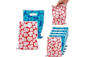 SAVITA 50pcs Hawaii Party Gift Bags, Cartoon Red Blue Treat Goodie Bags with Handle Floral and Leaf Print Snack Pouches for Boys Girls Kids Friends Birthday Tropical Island Theme Candy Favor Supplies