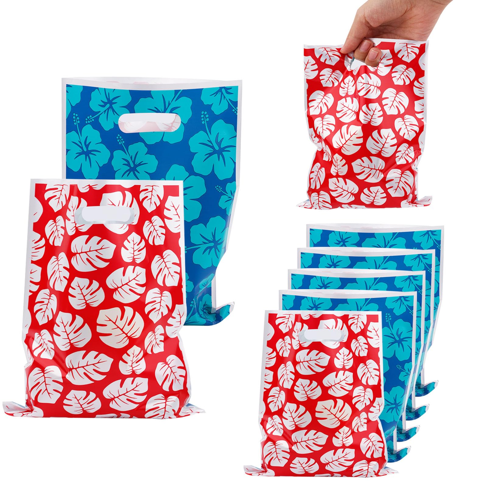 Photo 1 of 50pcs Hawaii Party Gift Bags, Cartoon Red Blue Treat Goodie Bags with Handle Floral and Leaf Print Snack Pouches for Boys Girls Kids Friends Birthday Tropical Island Theme Candy Favor Supplies