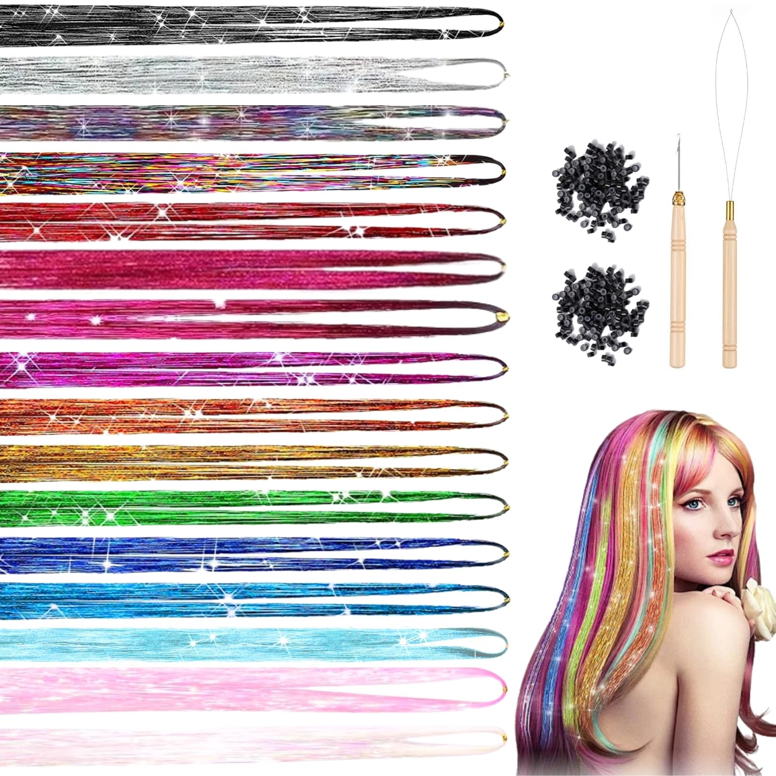 LUFFLOK 16 Colors Hair Tinsel Kit, 120cm Tinsel Hair Extensions with Tools, 3200 Stands Glitter Hair Accessories for Women Girls & Child Hair Decoration, Coloured Hair Extensions for Party