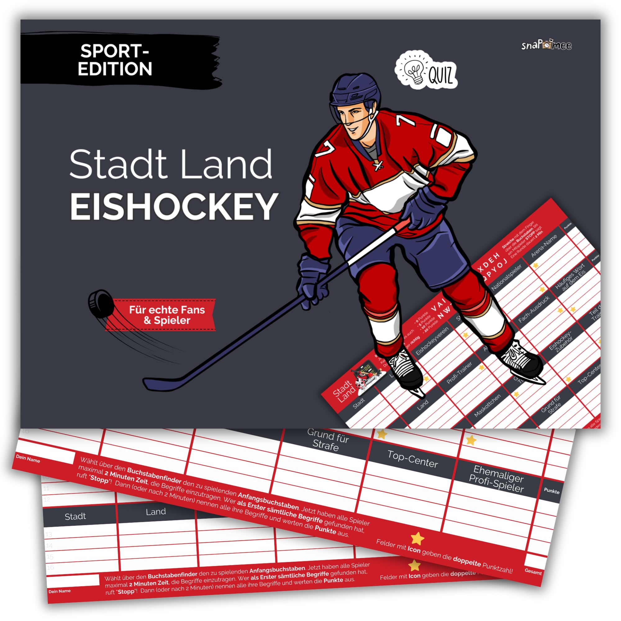 Stadt Land Eishockey by snaPmee - Geschenk für Spieler, Trainer & Fans - Quiz Spiel - 50 Blatt Din-A4