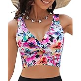 GRAPENT Bikini Tops for Women Cropped Tankini Tops Floral Printed Beach Padded Knot Twist Cut Out Bathing Suit Top Only