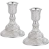 OwnMy 2PCS Brass Taper Candle Holders Candle Stick Holders Set Vintage Metal Pillar Candlestick Holders, 4”H Elegant Candle Stand Candelabra for Dining Table Centerpieces Wedding Home Decor, Silver