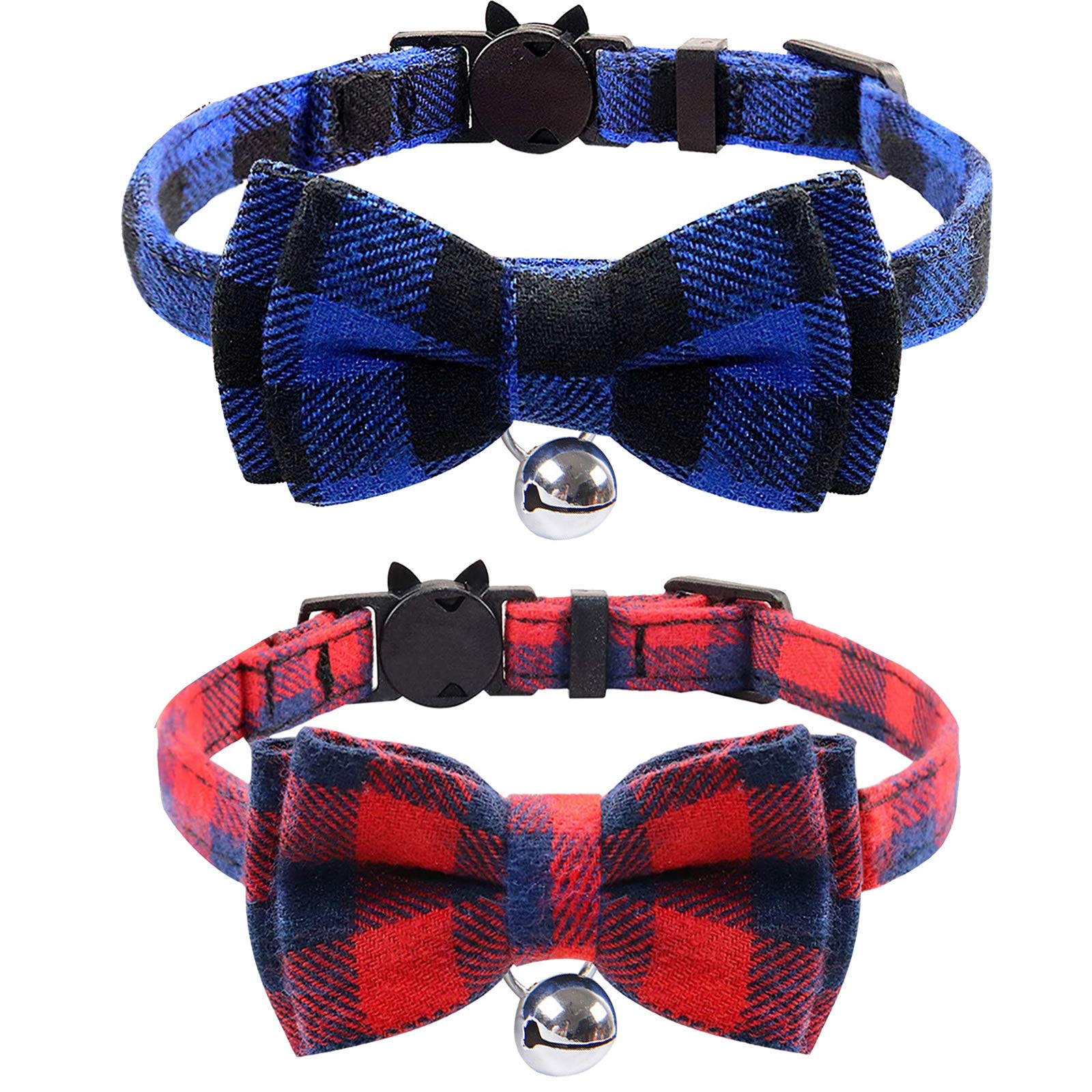 2PCS Plaid Cat Collars Quick Release Kitten Collar Bow Tie Safety Cat Bowtie Collars Christmas Cat Bow Collar With Bell Soft Tartan Collar Adjustable Pet Collars For Kitten Puppy Blue Red