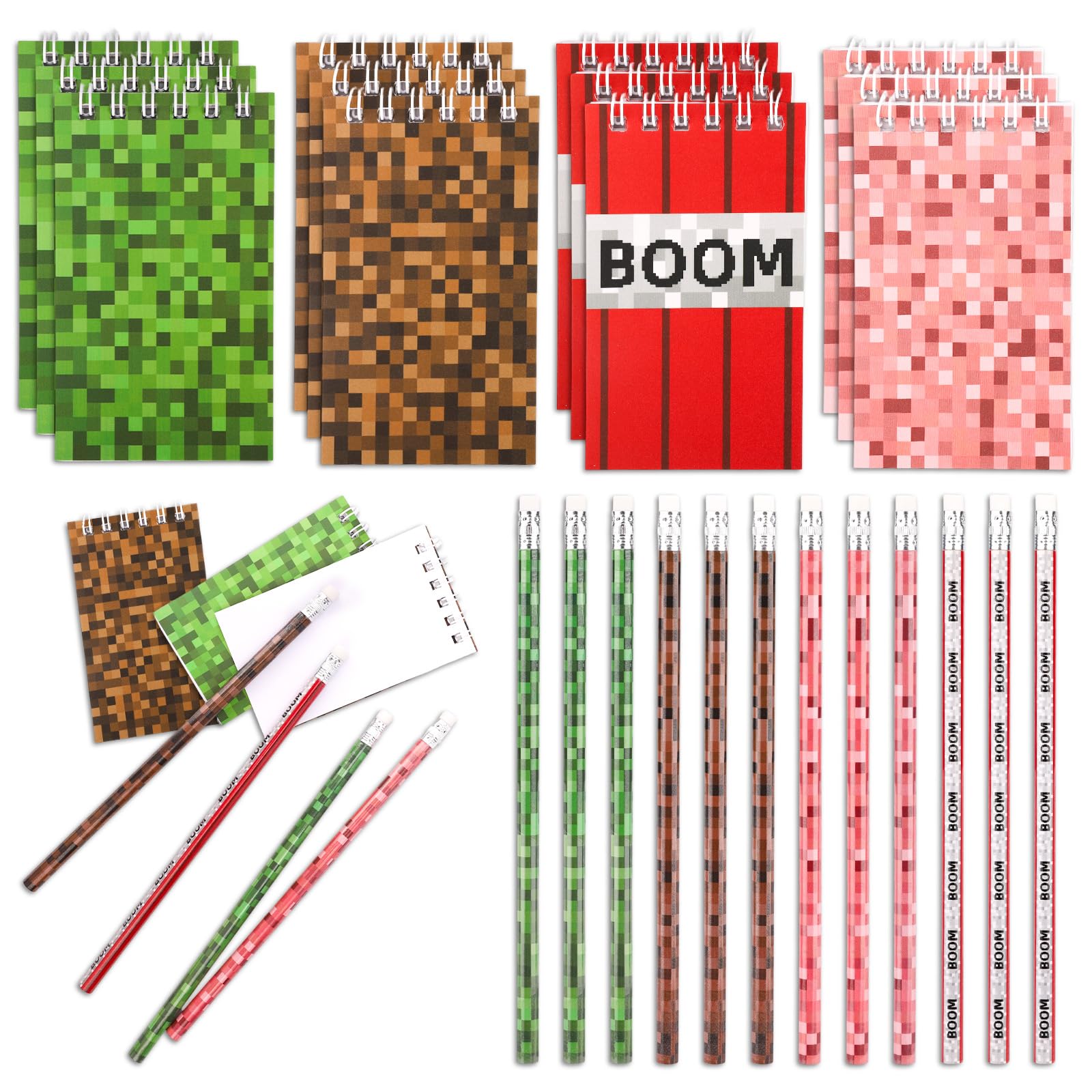 SAVITA Pixel Notebooks and Pencils Set, 4 Styles Mini Notepads and Pencils Pixel Theme Party Favors for Video Game Themed Party Supplies Goodie Bags Stuffers