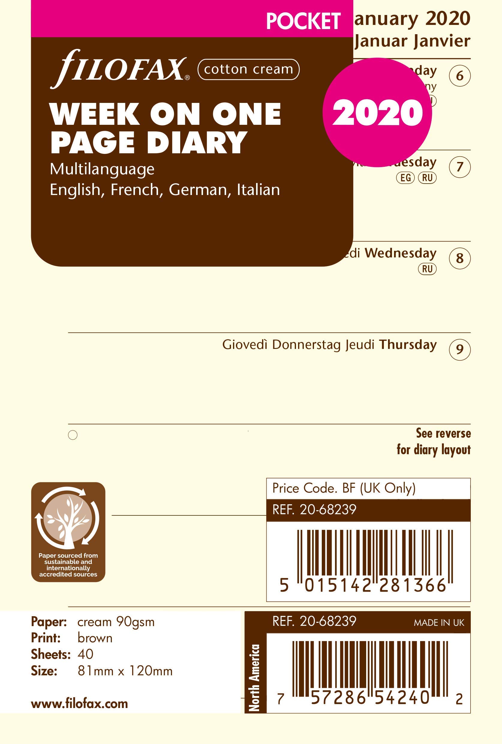 Filofax 2020 Calendar Insert Pocket 1 Week on 1 Page Cotton Cream