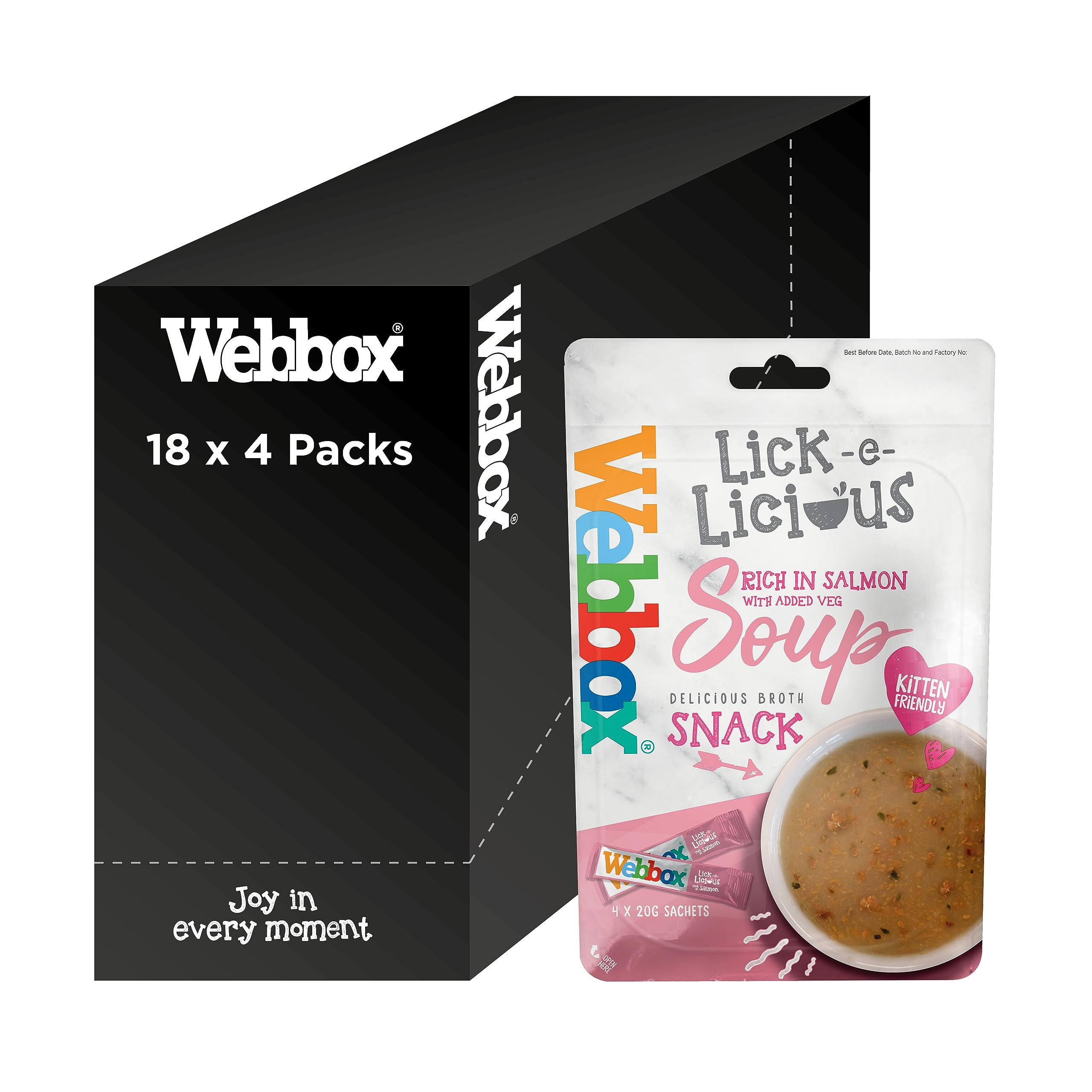Webbox Lick-e-Licious Soup Cat Treats, Salmon - Kitten Friendly, Made with 100 Percent Salmon Fillet, No Artificial Preservatives, Low in Fat (18 x 4 Packs)