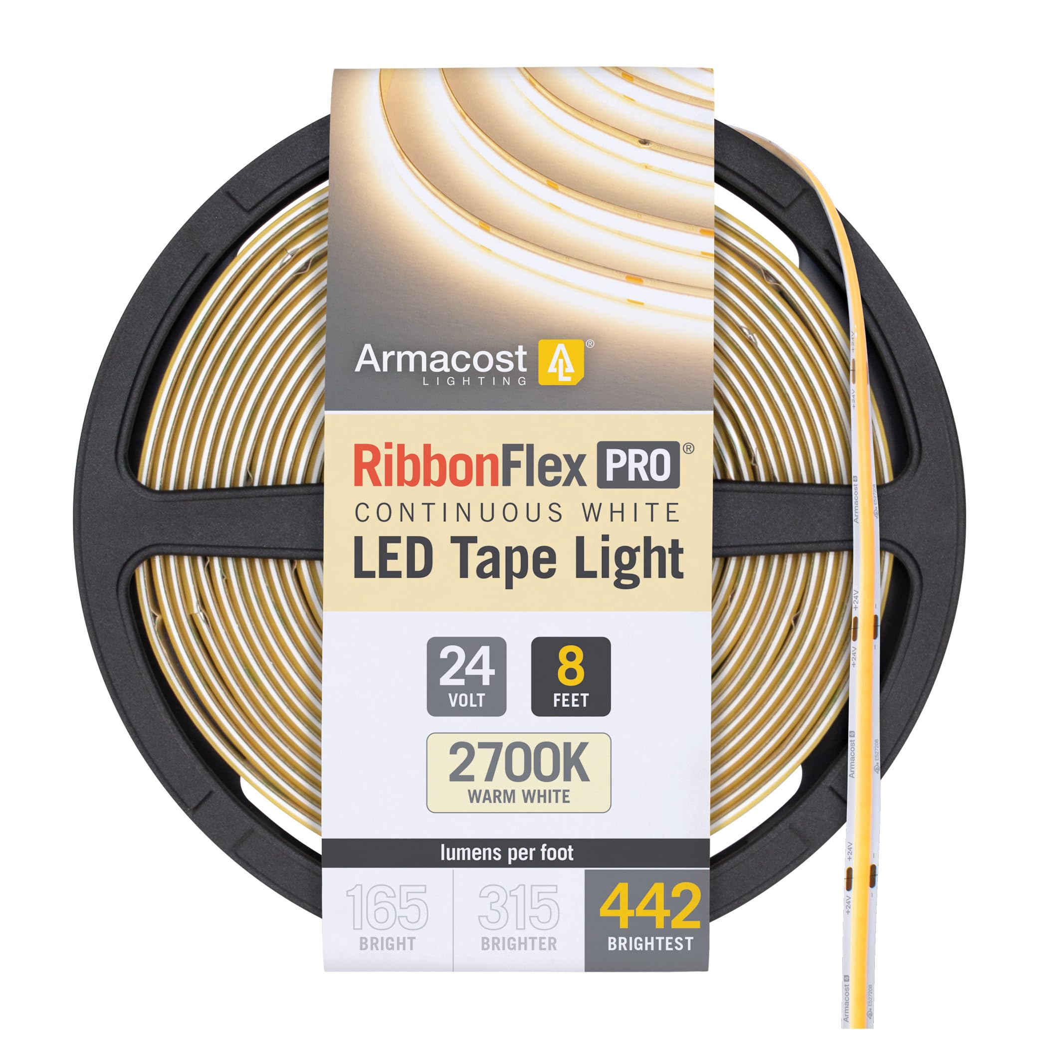 Armacost Lighting RibbonFlex Pro 24V White COB LED Strip Light Tape 2700K, 442 Lumens/Ft, 2.5M 173110