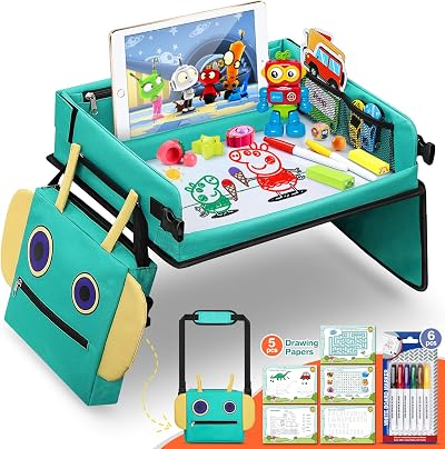 COOLJOY Kids Travel Tray 2-in-1 Robot Backpack Desk Erasable Surface