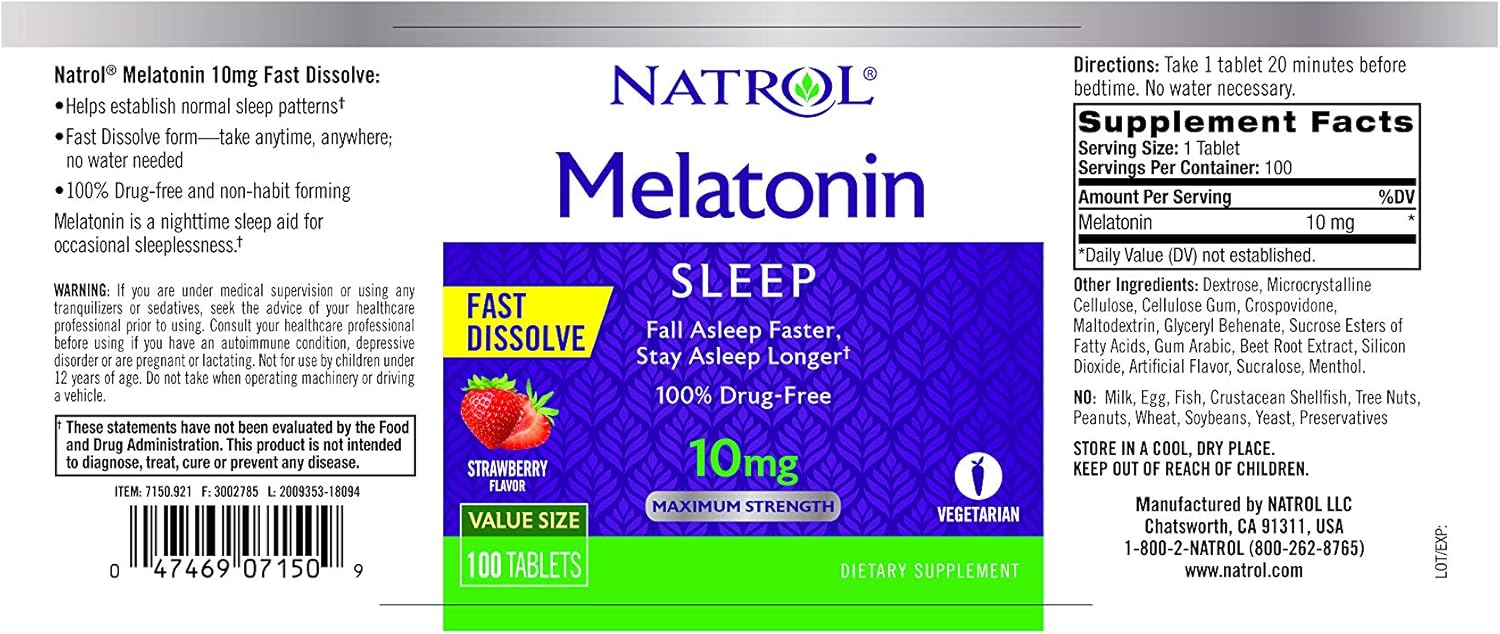 Natrol Melatonin Fast Dissolve Tablets, Helps You Fall Asleep Faster, Stay Asleep Longer, Easy to Take, Dissolves in Mouth, Faster Absorption, Maximum Strength, Strawberry Flavor, 10mg, 100Count: Health & Personal Care