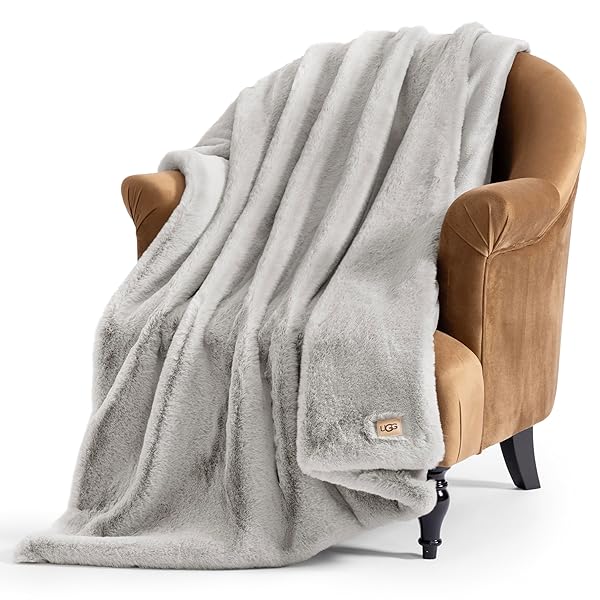 UGG EUPHORIA FAUX FUR THROW BLANKET, OVERSIZED WARM THROW FOR COUCH OR CHAIR, LUXURY BEDROOM DECOR, COZY SOFT BLANKETS, MACHINE WASHABLE, 50-INCH X 70-INCH, SEAL GREY