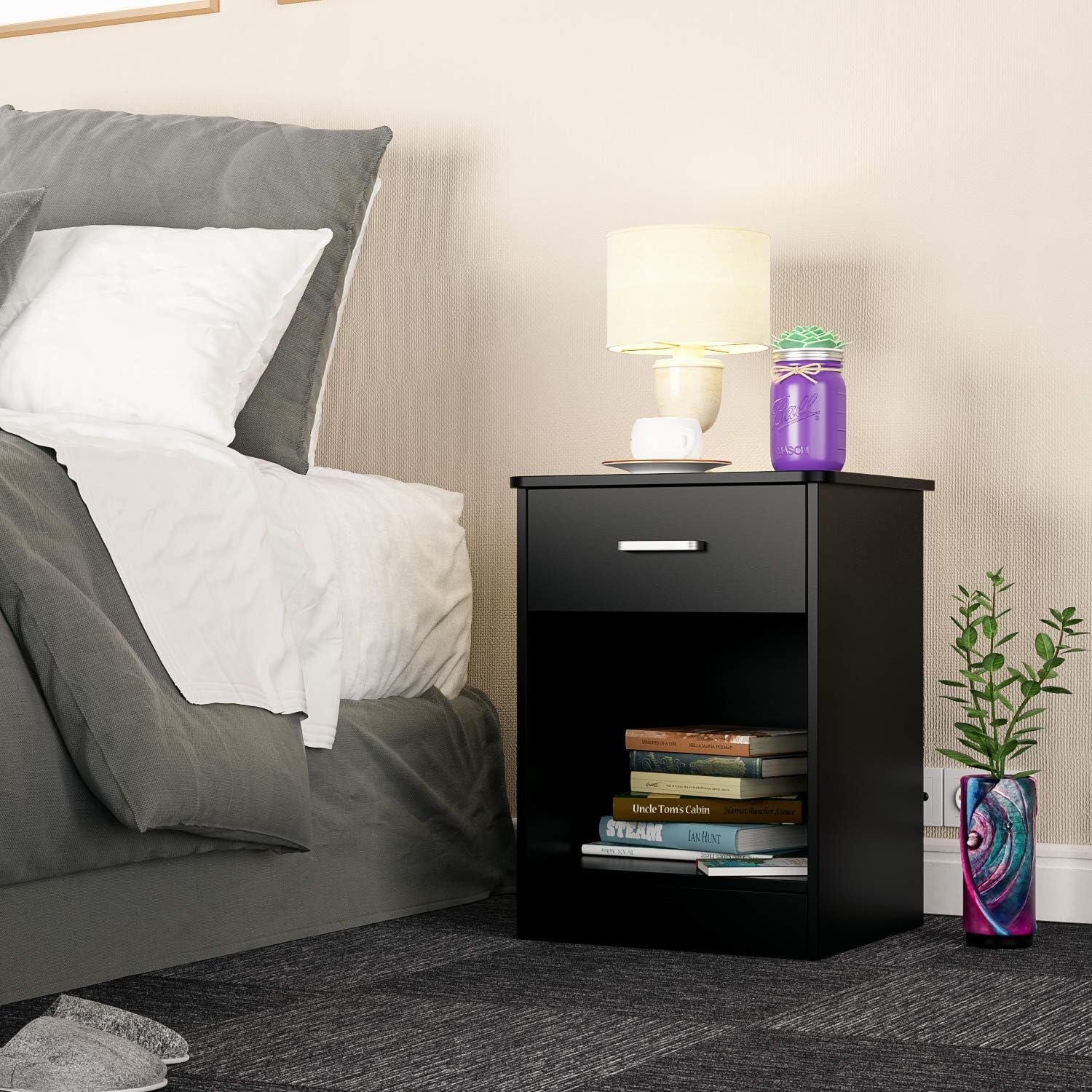 HOMFA Nightstand 2-Tier, Tall 1-Drawer End Table Side Table File Cabinet Storage Table for Home Office Bedside Cabinets with Sliding Drawer and Shelf, Black: Kitchen & Dining