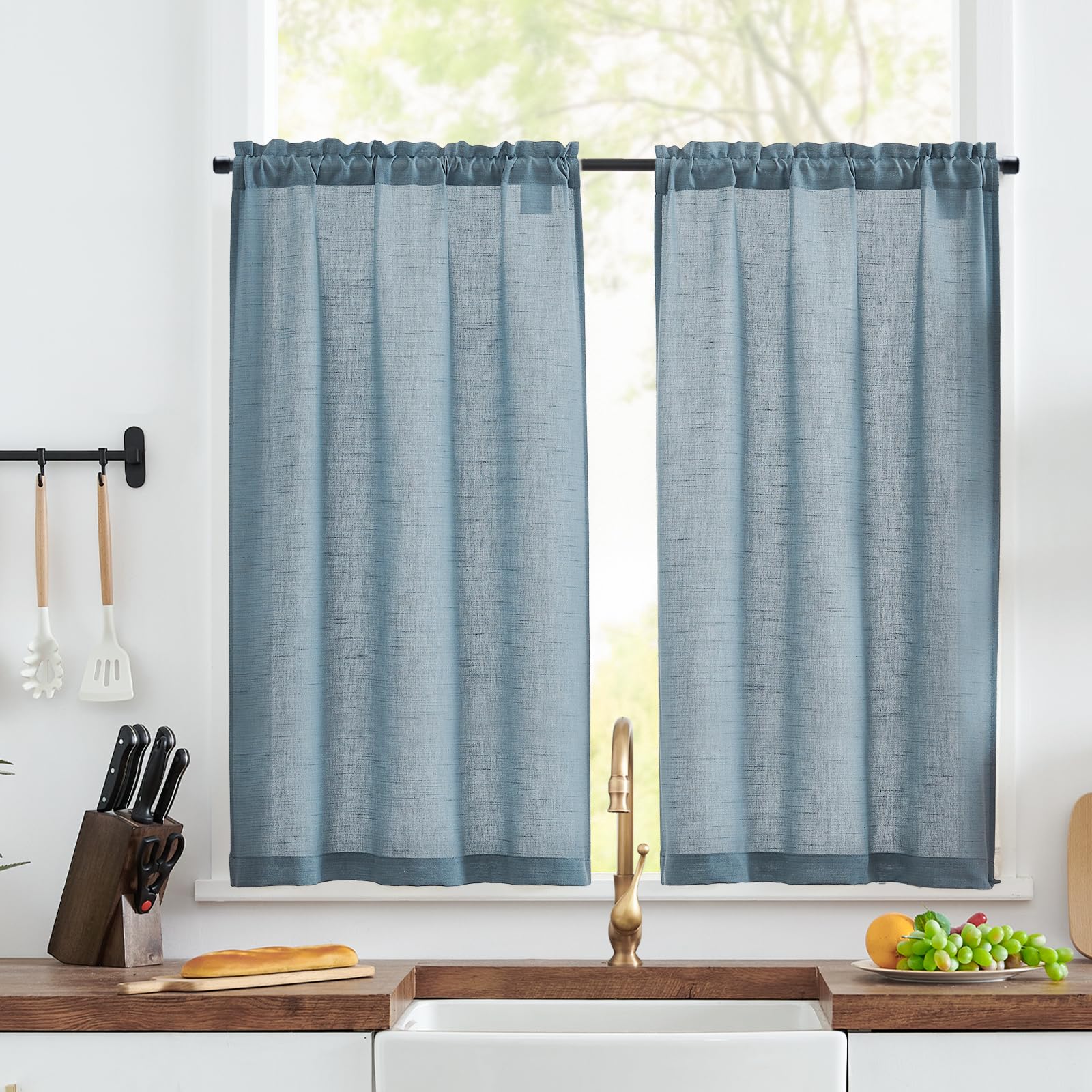 TOPICK Linen Blend Kitchen Curtains, 45 Inch Drop Small Cafe Curtains, Solid Pattern Light Filtering Short Curtain Tiers for Bathroom Sink Cupboard Bedroom, Rod Pocket 2 Panels Blue — image 1