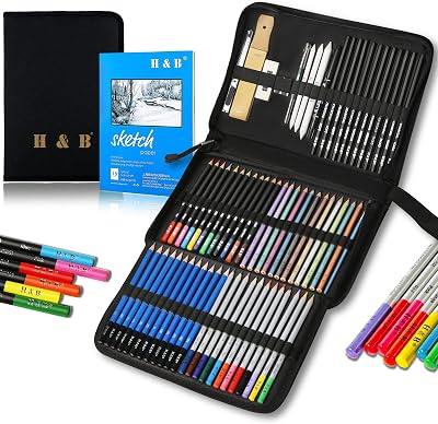 H & B 72 Pcs Drawing Pencils Sketch Pad Set Complete Kit for Art